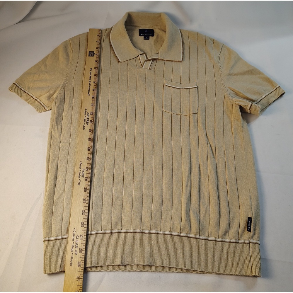 Ben Sherman Mens Tan Ribbed Knit Short Sleeve Polo Shirt V-Neck Size M Striped - Picture 7 of 9